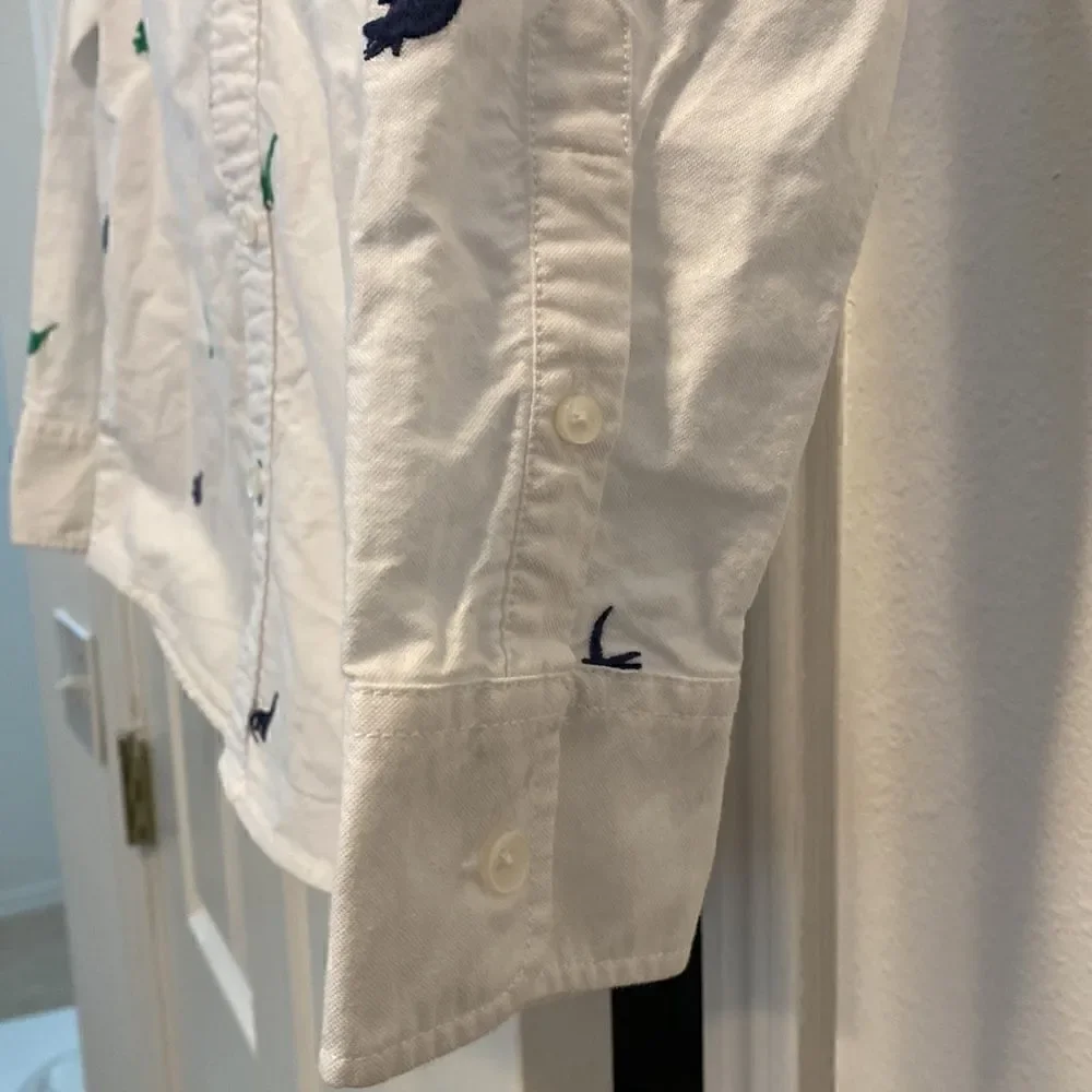 Mini Boden White Button Down Embroidered Dinosaur Shirt